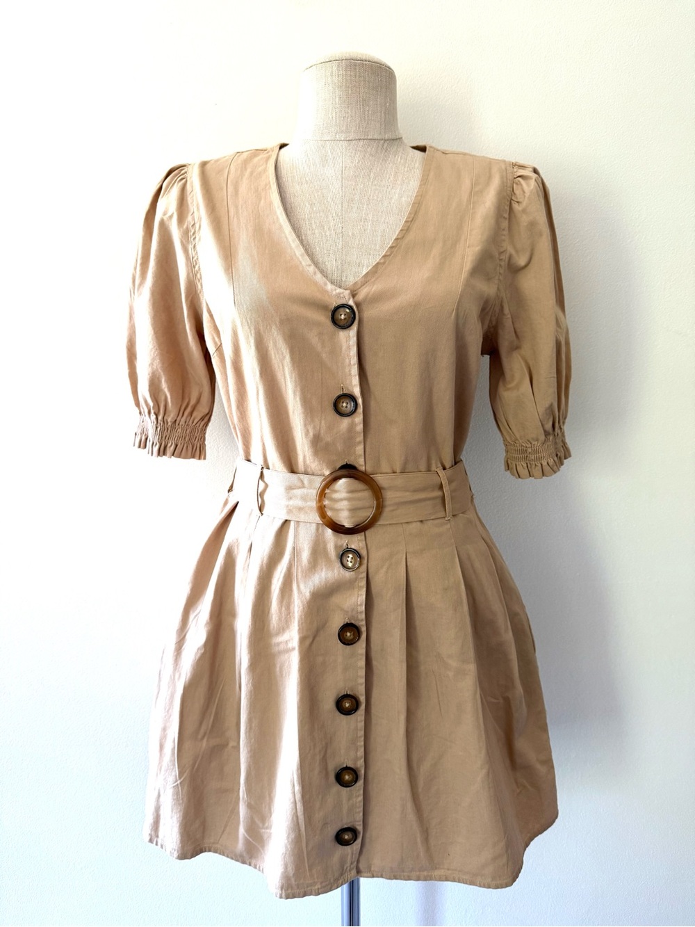 Moon Orchid Tan Linen Blend Belted Puff Sleeve Mini Dress Sz M Cottagecore